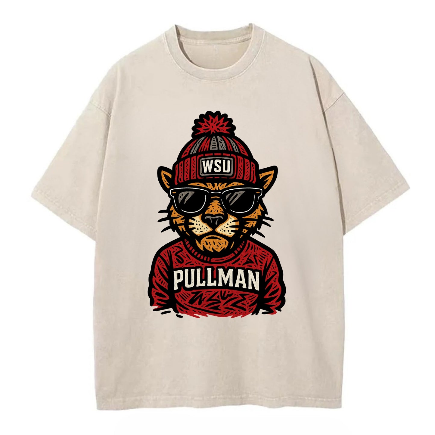 Pullman Cougar wearing Washington State beanie with WSU patch - Vintage T-shirt - Off White