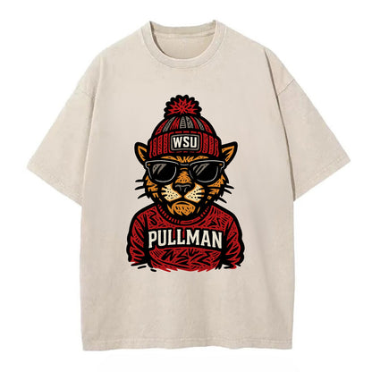 Pullman Cougar wearing Washington State beanie with WSU patch - Vintage T-shirt - Off White