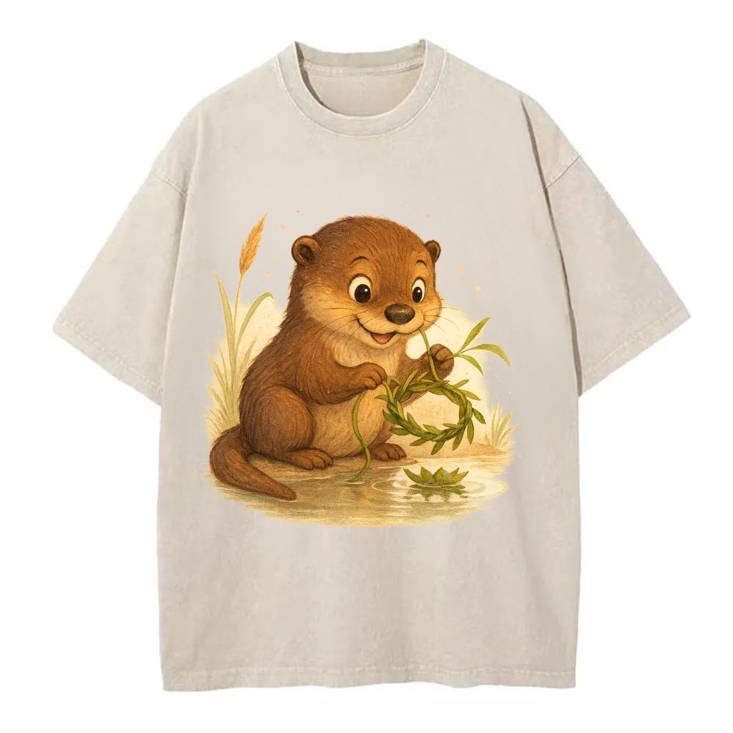 Otter weaving river reeds into a floating crown beside mirror-still water - Vintage T-shirt - Off White