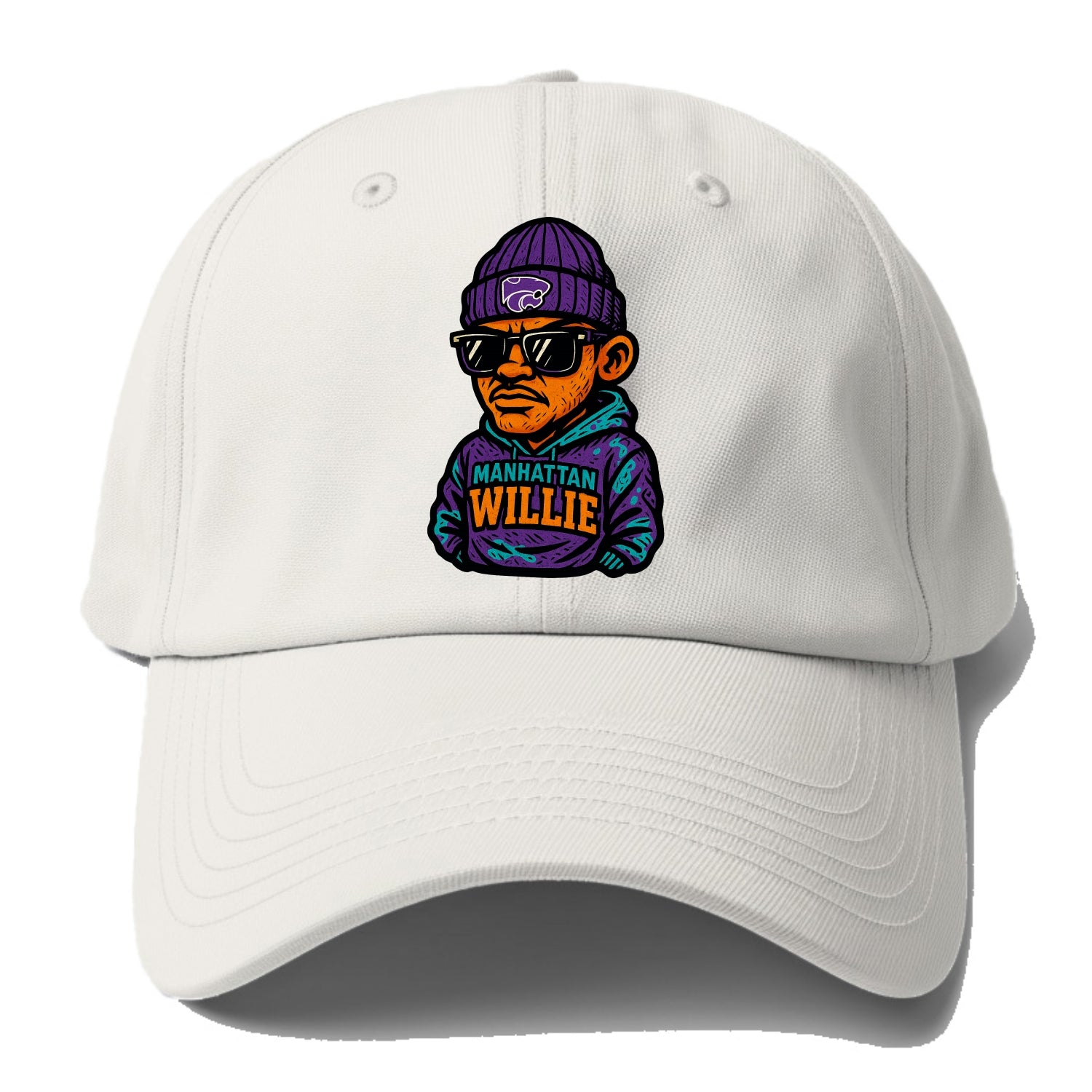 Manhattan Willie wearing Kansas State beanie with powercat patch - Baseball Cap For Big Heads - Off White