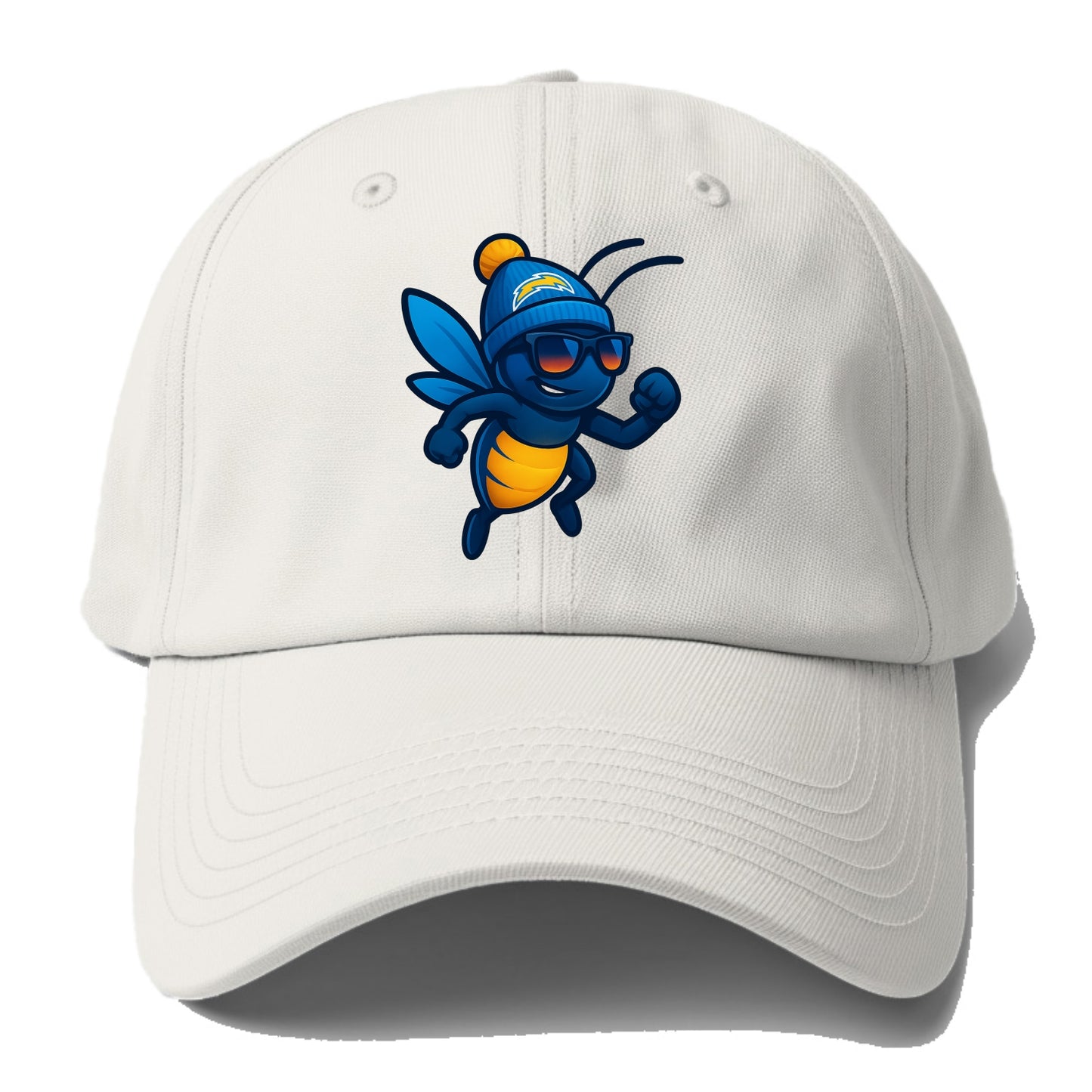 LA Lightning Bug wearing Chargers powder blue and gold beanie with pom - Baseball Cap For Big Heads - Off White