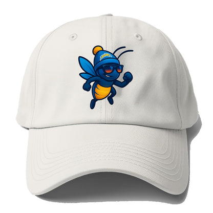 LA Lightning Bug wearing Chargers powder blue and gold beanie with pom - Baseball Cap For Big Heads - Off White