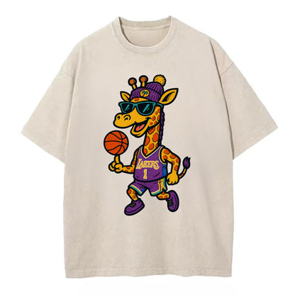 California Giraffe wearing Lakers beanie with palm tree patch and wayfarer - Vintage T-shirt - Off White