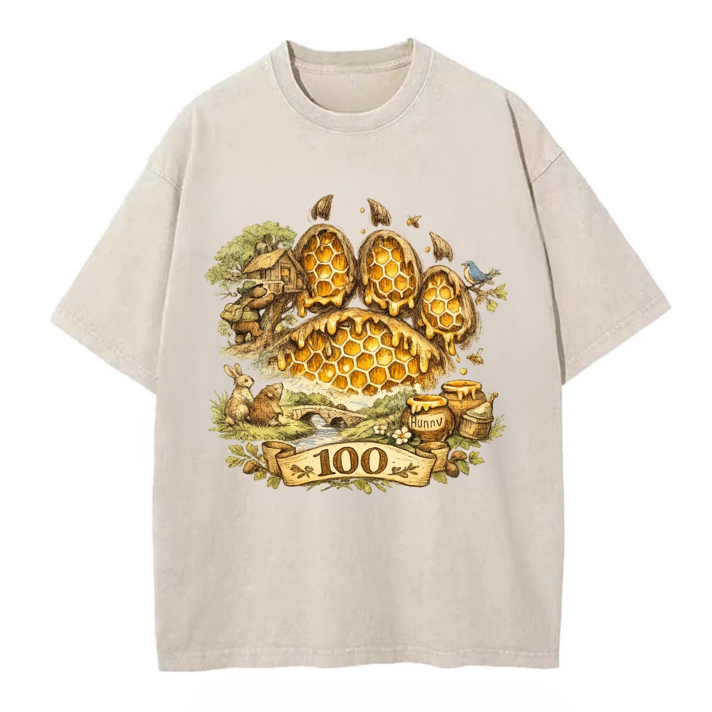 HONEY PAW | Bear paw print filled with honeycomb | Sticky evidence | Forest - Vintage T-shirt - Off White