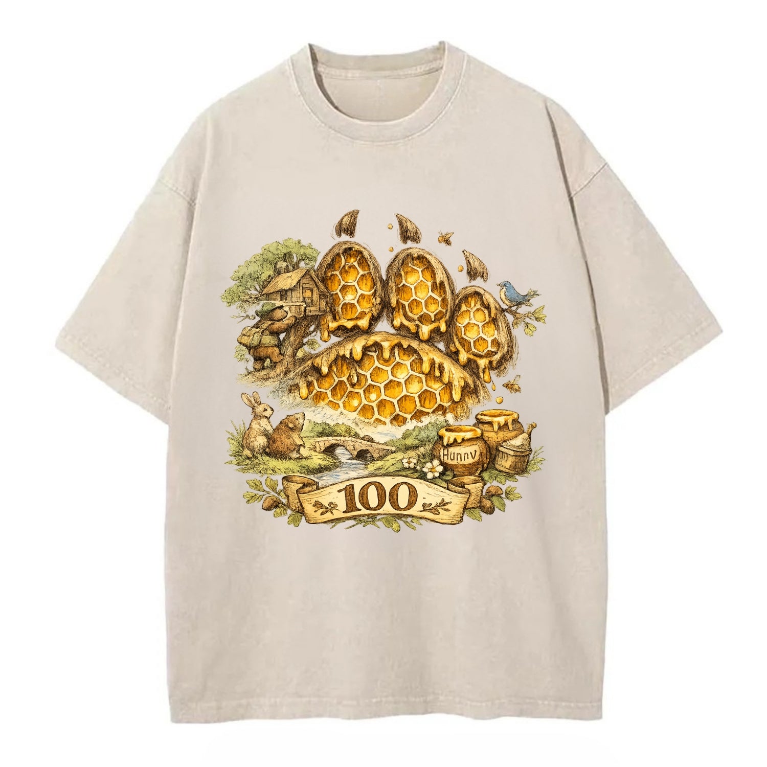 HONEY PAW | Bear paw print filled with honeycomb | Sticky evidence | Forest - Vintage T-shirt - Off White