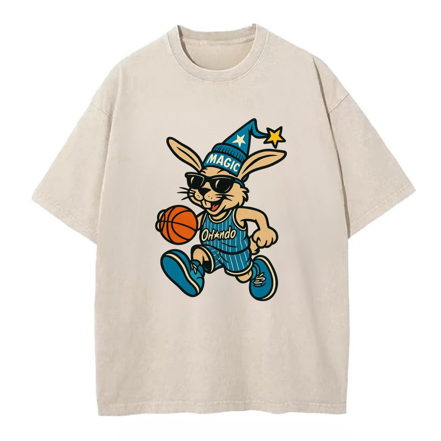 Orlando Rabbit wearing Magic blue and silver beanie with wizard hat and wayfarer - Vintage T-shirt - Off White
