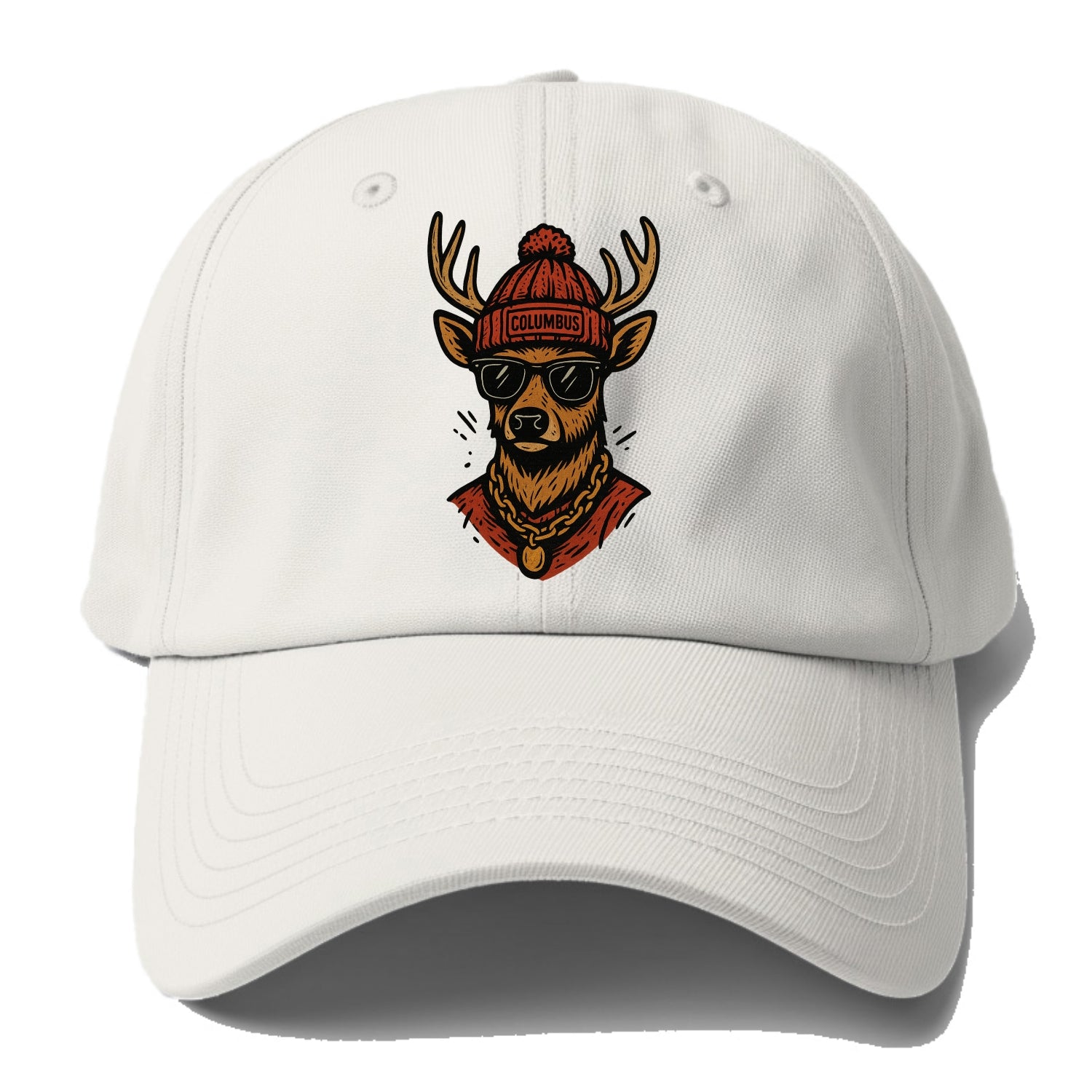 Columbus White-tailed Deer wearing Columbus beanie with pom pom and wayfarer - Baseball Cap - Off White