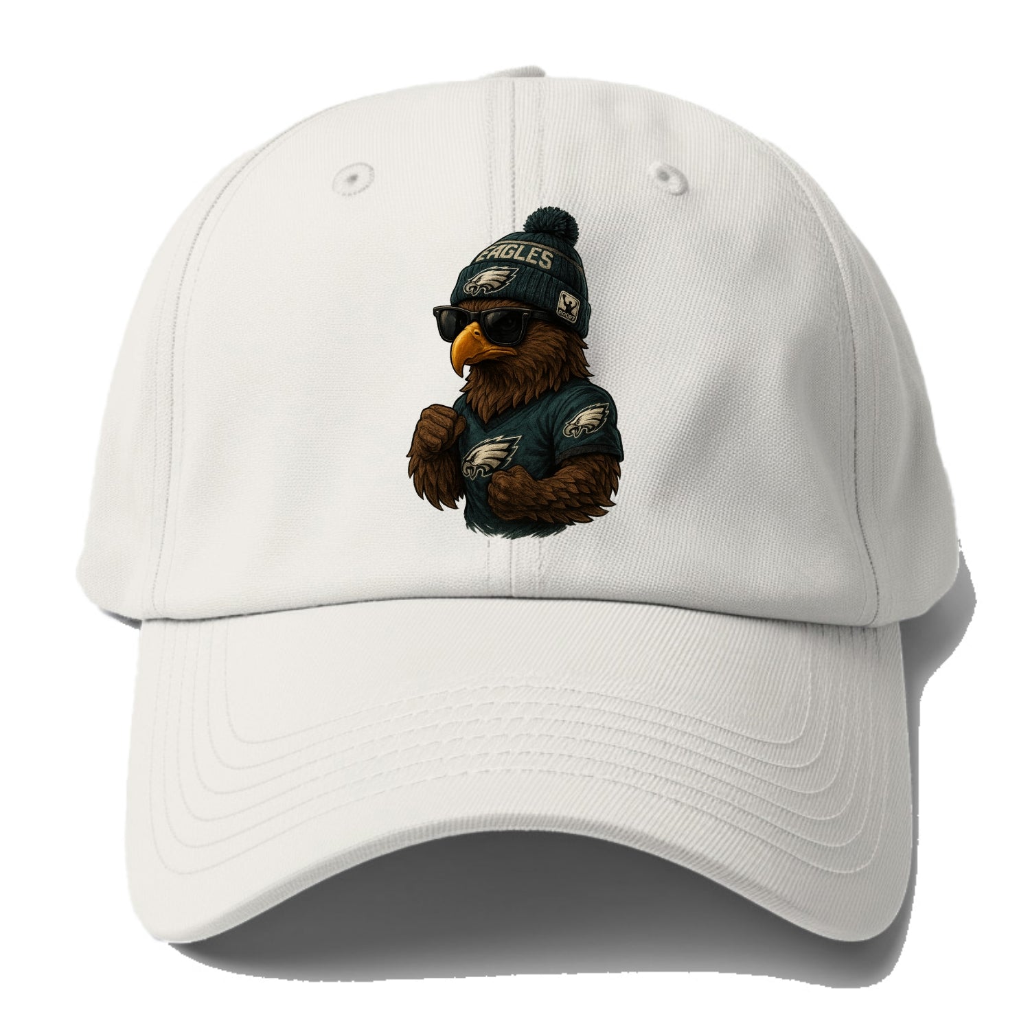 Philly Hawk wearing Eagles beanie with Rocky patch and wayfarer - Baseball Cap For Big Heads - Off White
