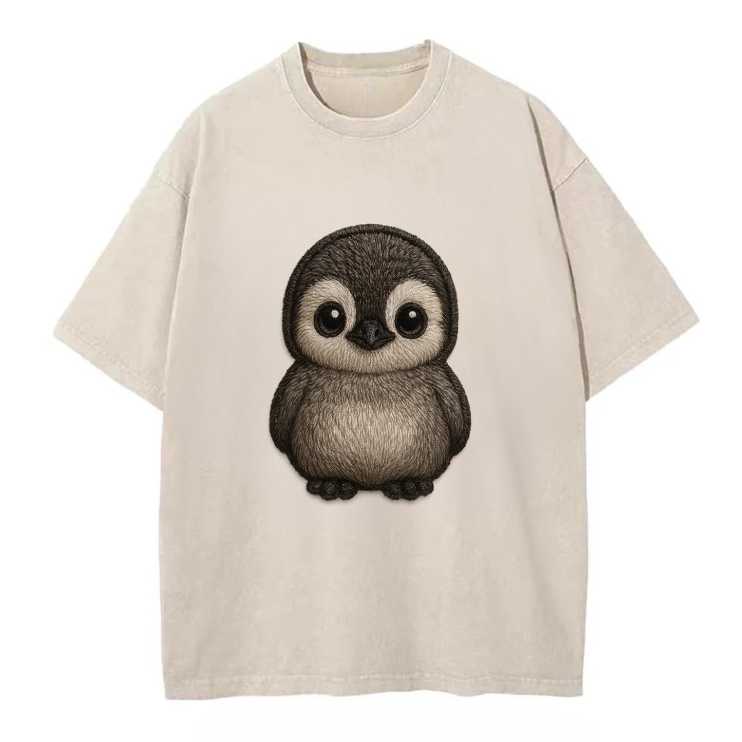 Baby Penguin Chick - gray fluffy, white face, round body, front-facing, tuxedo - Vintage T-shirt - Off White