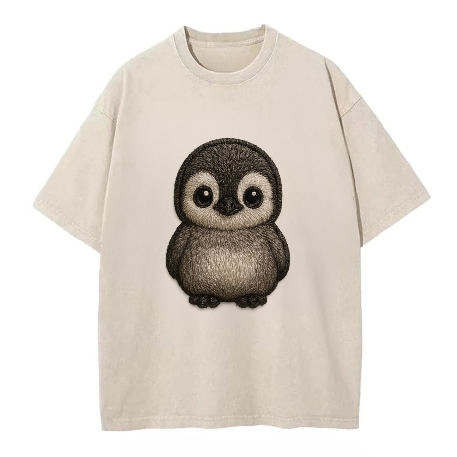 Baby Penguin Chick - gray fluffy, white face, round body, front-facing, tuxedo - Vintage T-shirt - Off White