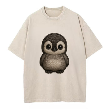 Baby Penguin Chick - gray fluffy, white face, round body, front-facing, tuxedo - Vintage T-shirt - Off White