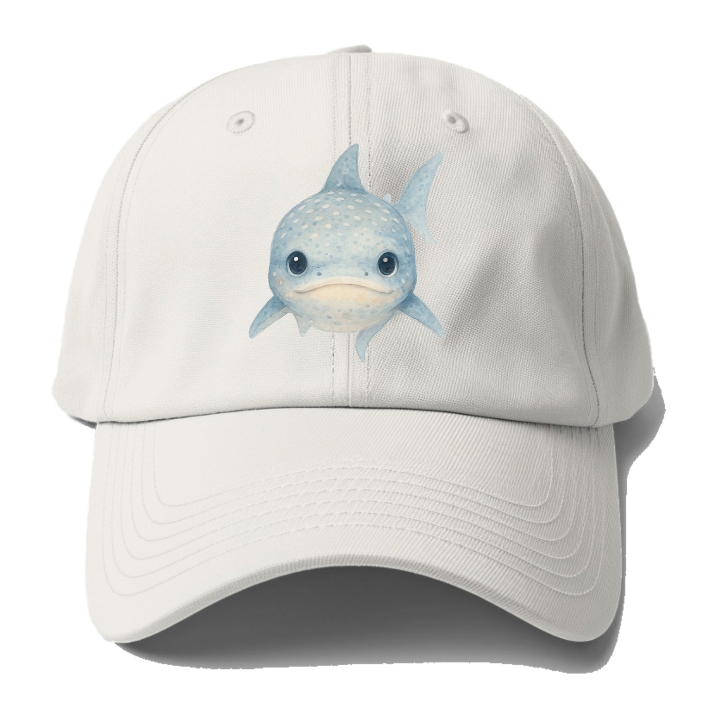 Baby Whale Shark - spotted blue-gray, wide mouth closed, tiny eyes, front-facing, - Baseball Cap - Off White