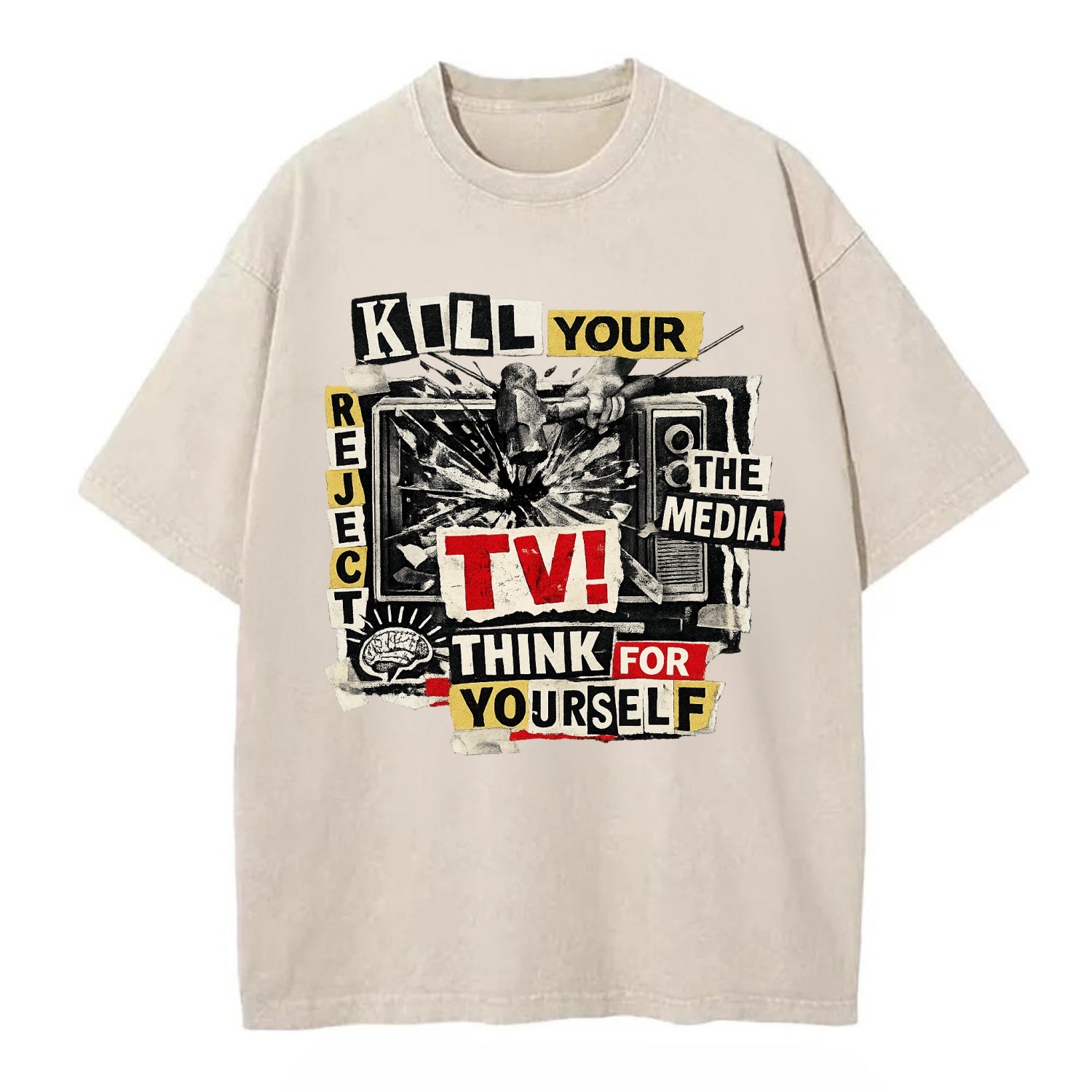 KILL YOUR TV | Smashed television | Reject media | Think for yourself | Analog - Vintage T-shirt - Off White