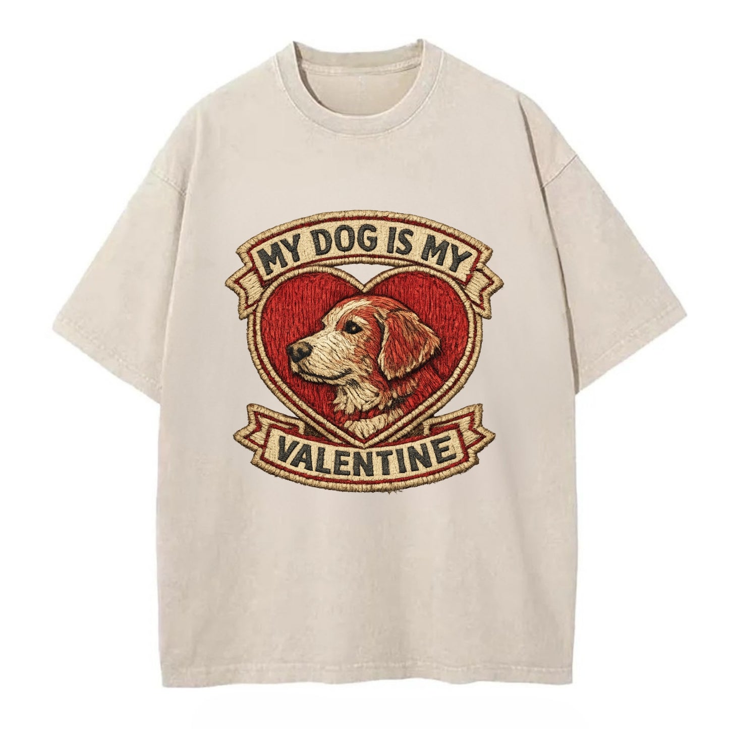 MY DOG IS MY VALENTINE - heart with dog in red , single pet owner - Vintage T-shirt - Off White