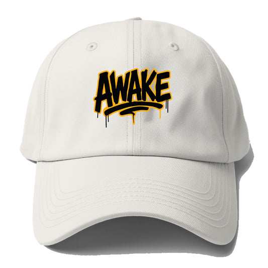 Bold typography design - "AWAKE" - conscious, aware, alert - Baseball Cap - Off White