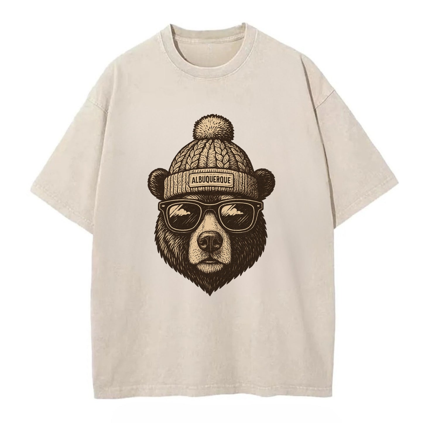 New Mexico Black Bear wearing Albuquerque beanie with pom pom and wayfarer - Vintage T-shirt - Off White