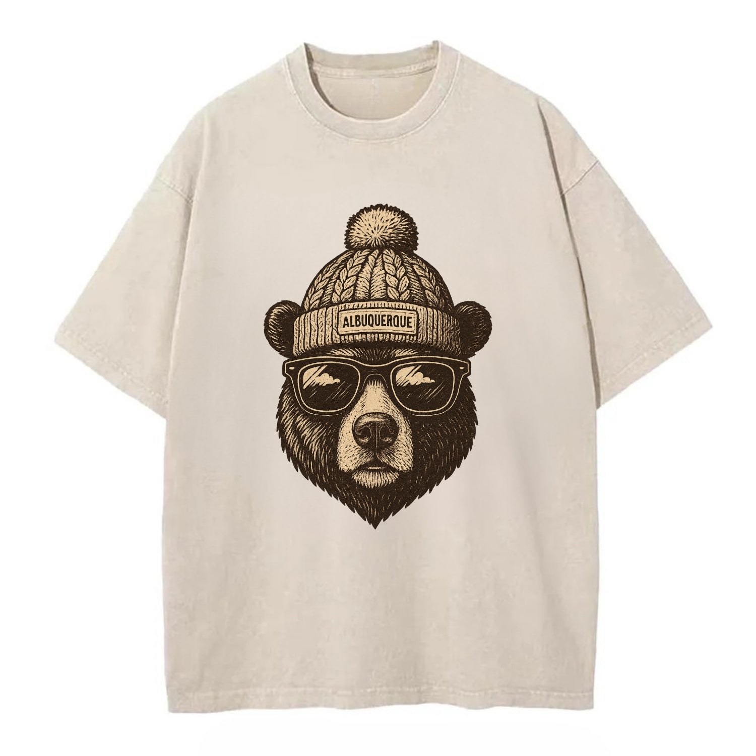 New Mexico Black Bear wearing Albuquerque beanie with pom pom and wayfarer - Vintage T-shirt - Off White