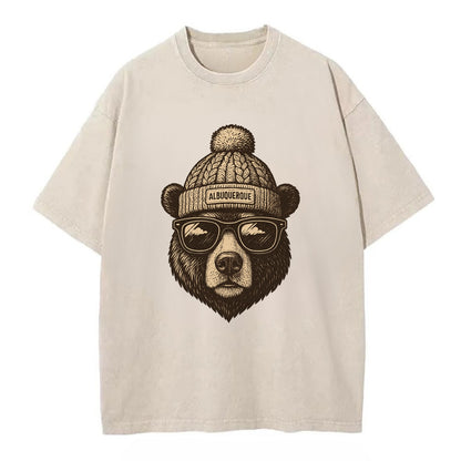 New Mexico Black Bear wearing Albuquerque beanie with pom pom and wayfarer - Vintage T-shirt - Off White