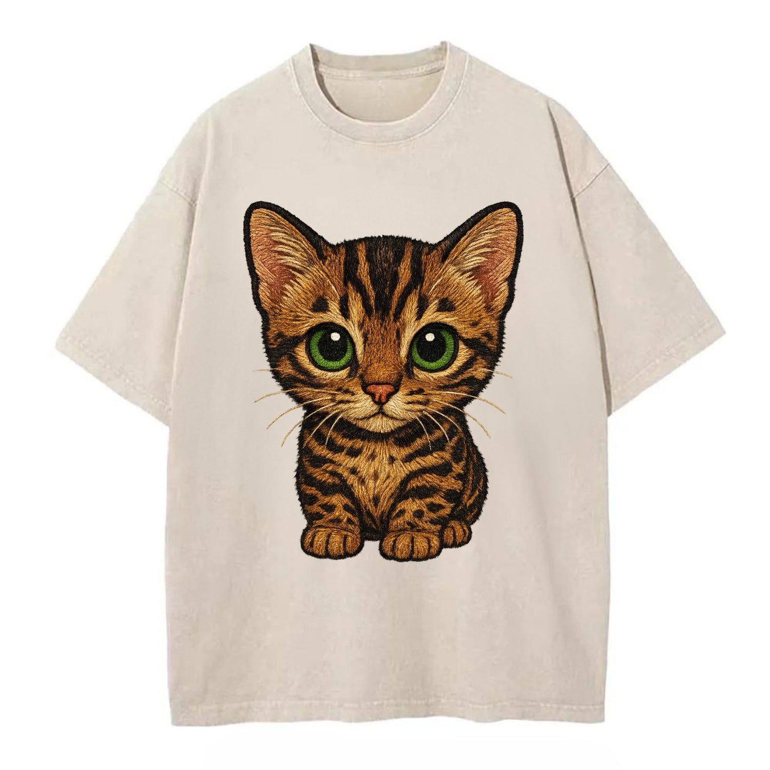 Baby Bengal Kitten - spotted/marbled wild coat, green eyes, athletic build, - Vintage T-shirt - Off White