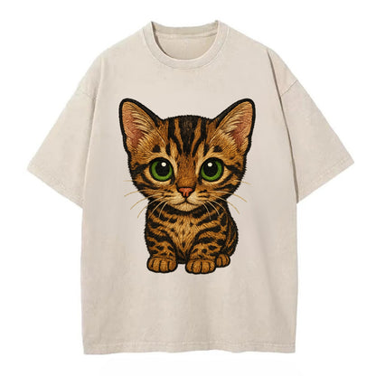 Baby Bengal Kitten - spotted/marbled wild coat, green eyes, athletic build, - Vintage T-shirt - Off White