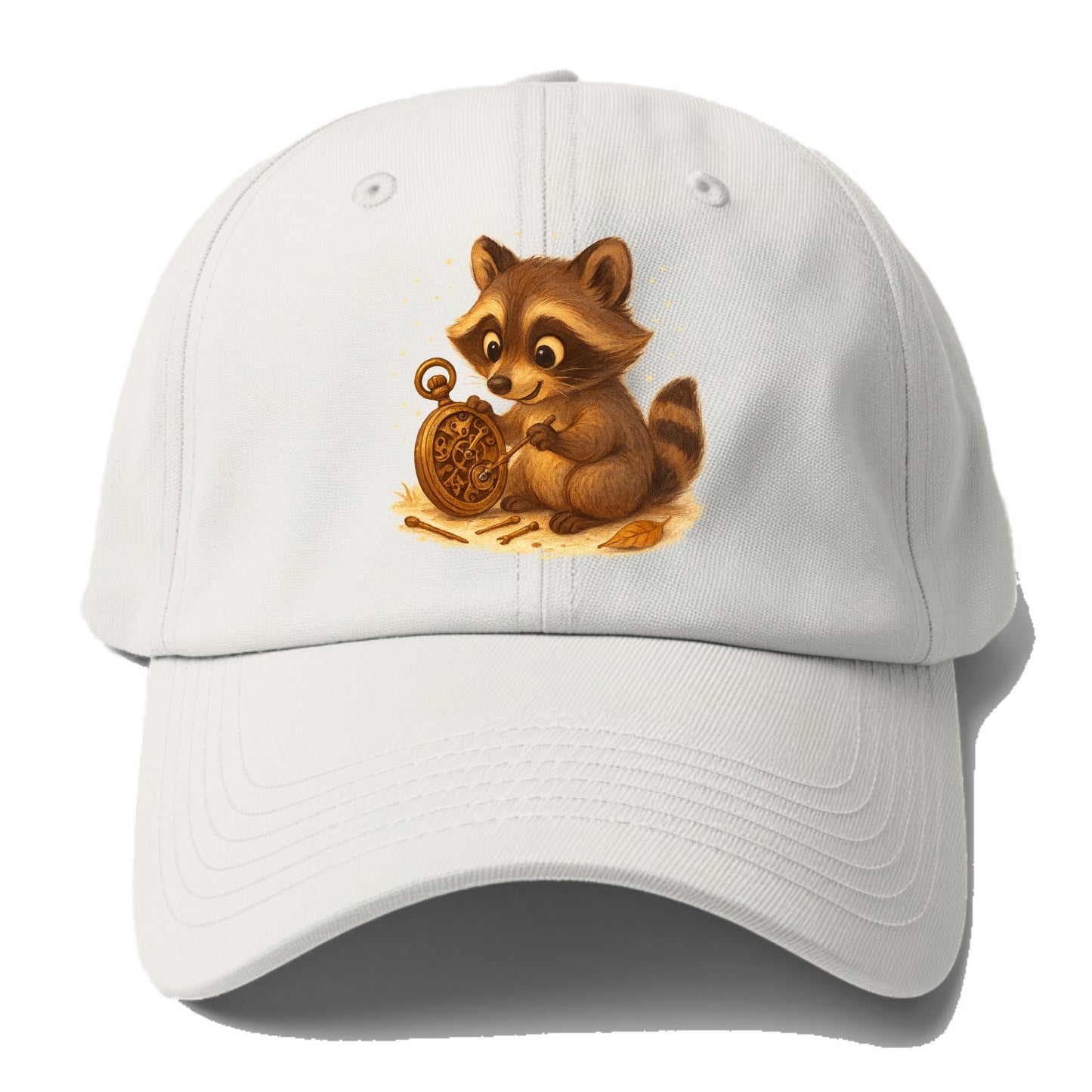 Raccoon tinkering with a steampunk pocket watch using tiny brass tools - Baseball Cap For Big Heads - Off White