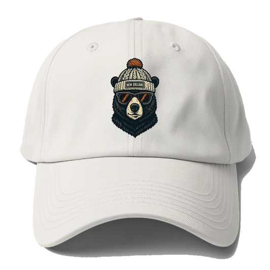 Louisiana Black Bear wearing New Orleans beanie with pom pom and wayfarer sunglasses - Baseball Cap - Off White