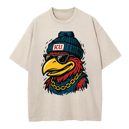 Lawrence Jayhawk wearing Kansas beanie with KU patch - Vintage T-shirt - Off White