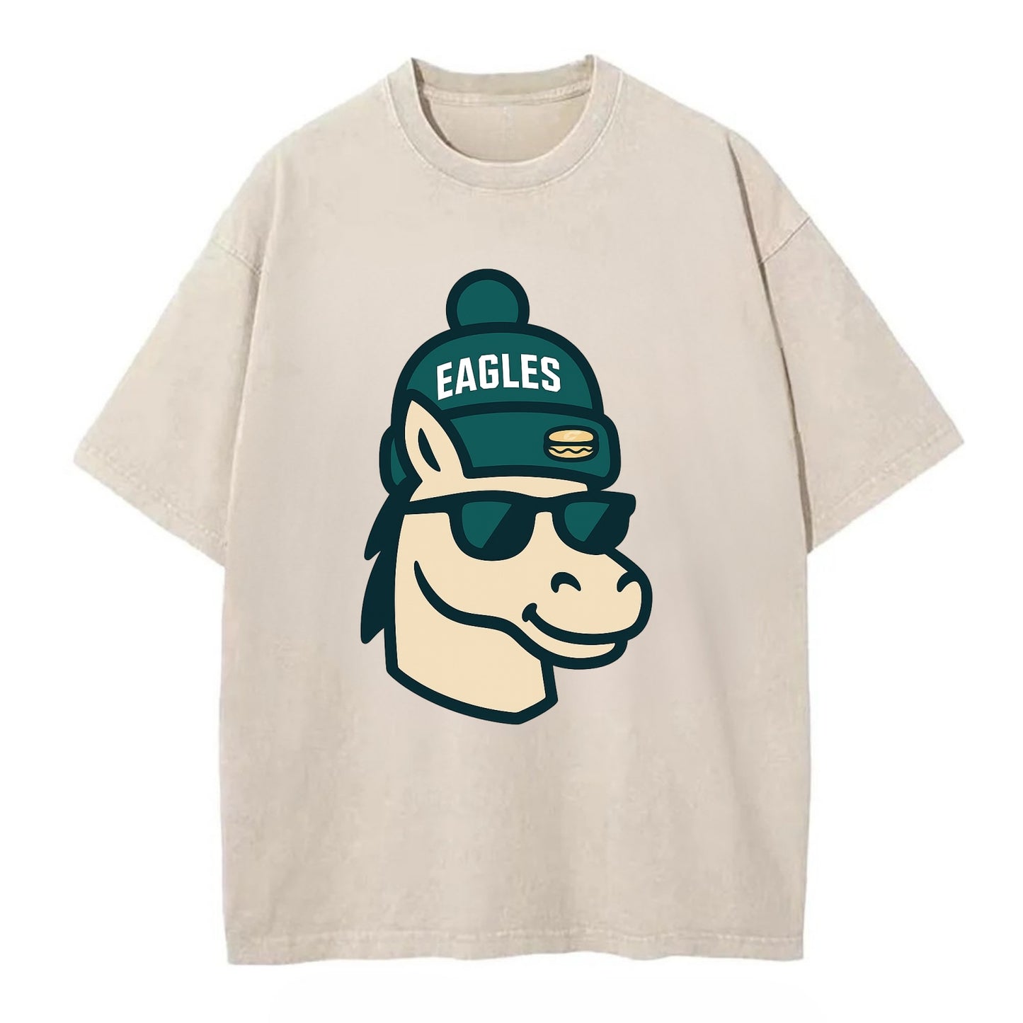 Philadelphia Horse wearing Eagles beanie with cheesesteak patch and wayfarer - Vintage T-shirt - Off White