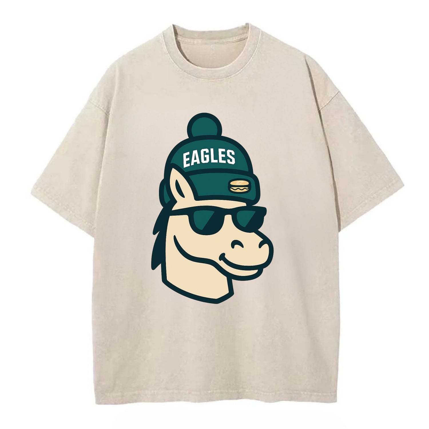 Philadelphia Horse wearing Eagles beanie with cheesesteak patch and wayfarer - Vintage T-shirt - Off White