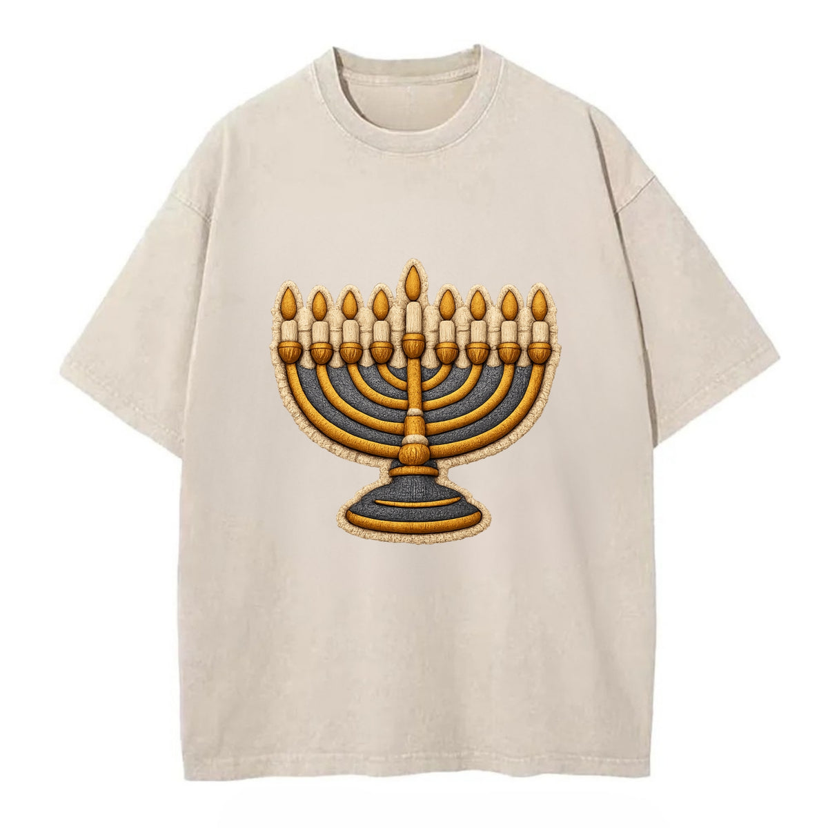 MENORAH LIGHTS - nine branch candelabra in gold and blue , Hanukkah - Vintage T-shirt - Off White