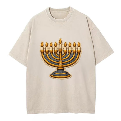 MENORAH LIGHTS - nine branch candelabra in gold and blue , Hanukkah - Vintage T-shirt - Off White