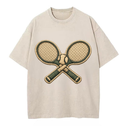 Embroidered patch design - TENNIS RACKET CROSSED - tennis rackets with ball in - Vintage T-shirt - Off White