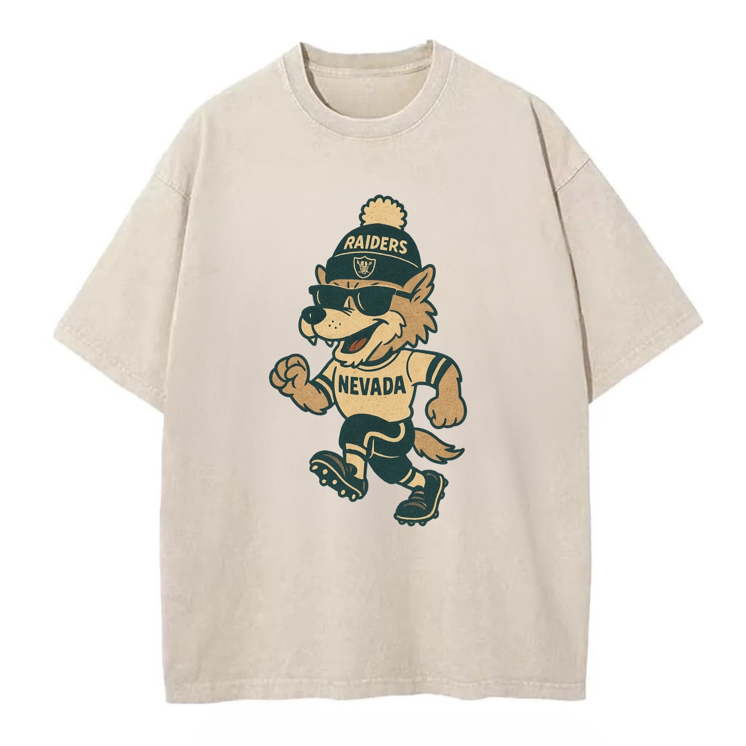 Nevada Wolf wearing Raiders beanie with outlaw patch and wayfarer sunglasses - Vintage T-shirt - Off White