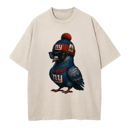Manhattan Pigeon wearing Giants beanie with Empire State patch and wayfarer - Vintage T-shirt - Off White