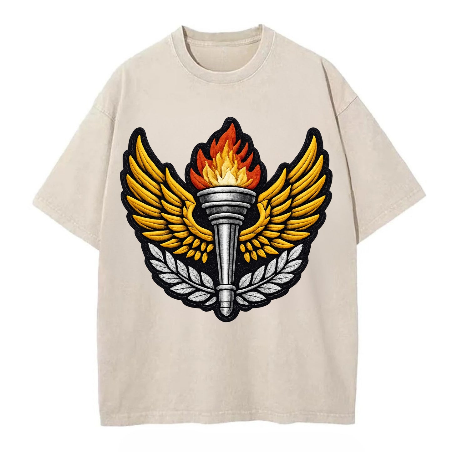 Embroidered patch design - TRACK AND FIELD TORCH - Olympic style torch with wings - Vintage T-shirt - Off White