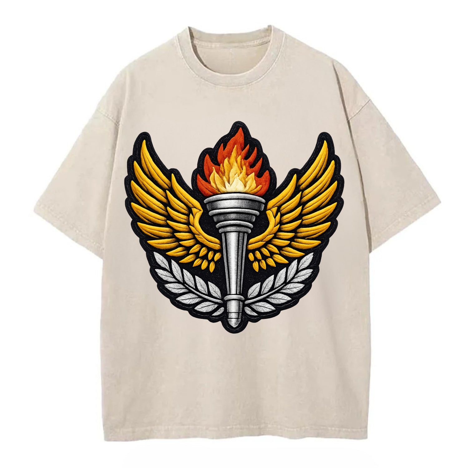 Embroidered patch design - TRACK AND FIELD TORCH - Olympic style torch with wings - Vintage T-shirt - Off White