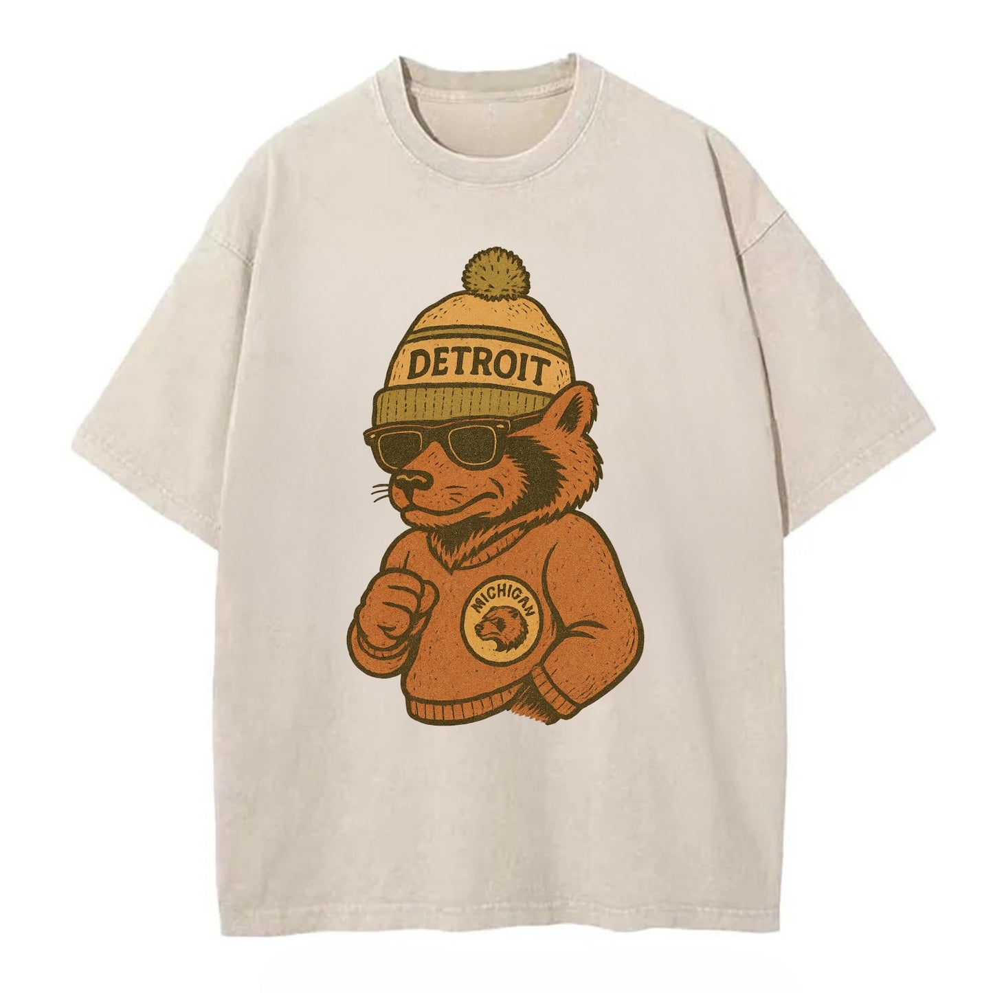 Michigan Wolverine wearing Detroit beanie with pom pom and wayfarer sunglasses - Vintage T-shirt - Off White