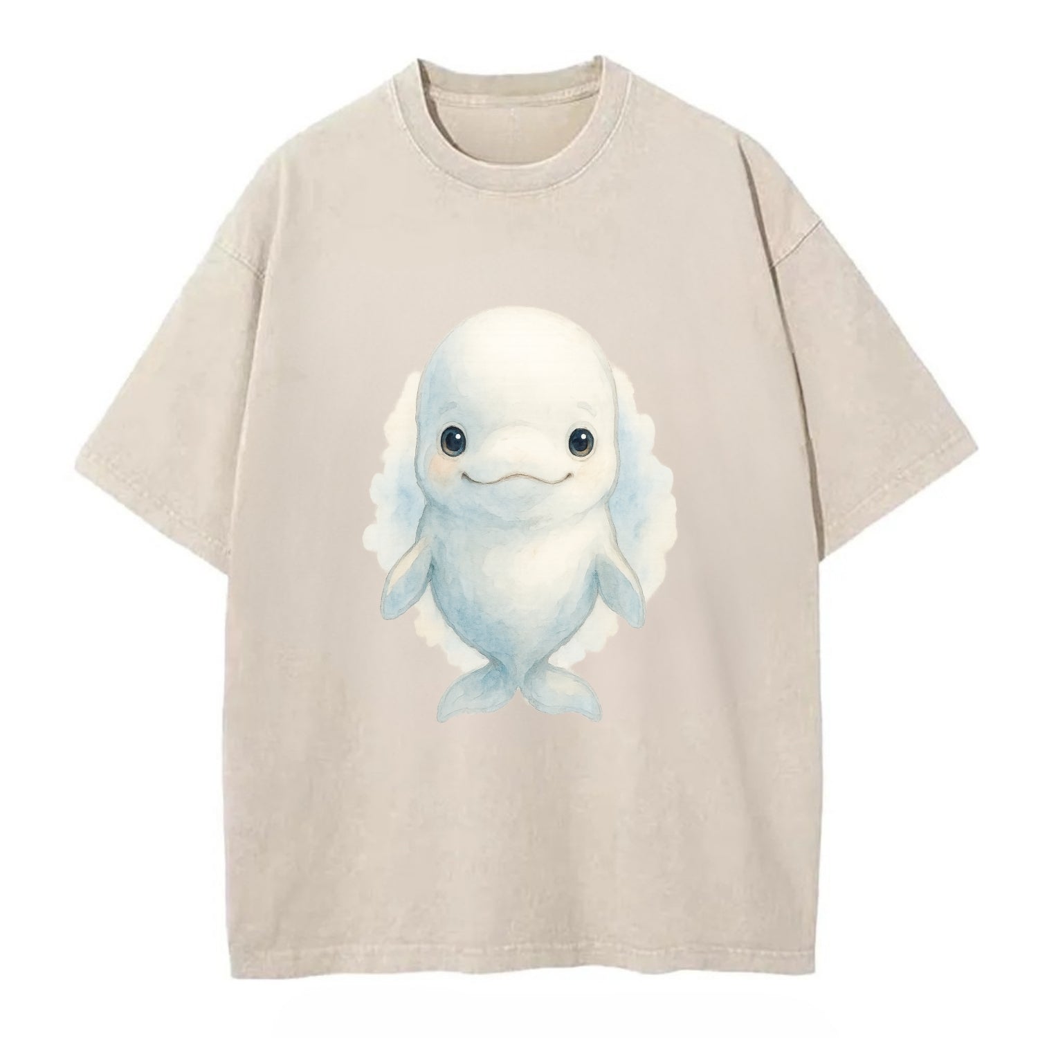 Baby Beluga Whale - pure white, rounded forehead, small eyes with big - Vintage T-shirt - Off White