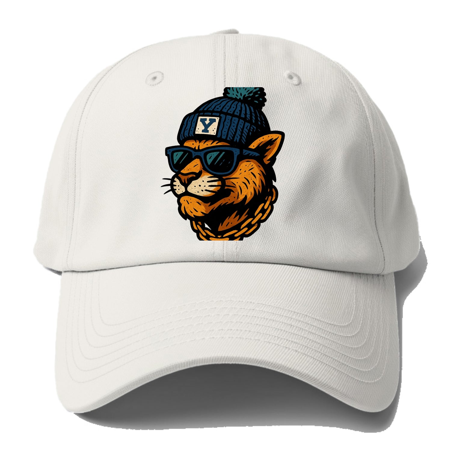 Provo Cougar wearing BYU beanie with Y patch - Baseball Cap For Big Heads - Off White