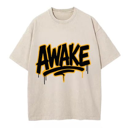 Bold typography design - "AWAKE" - conscious, aware, alert - Vintage T-shirt - Off White