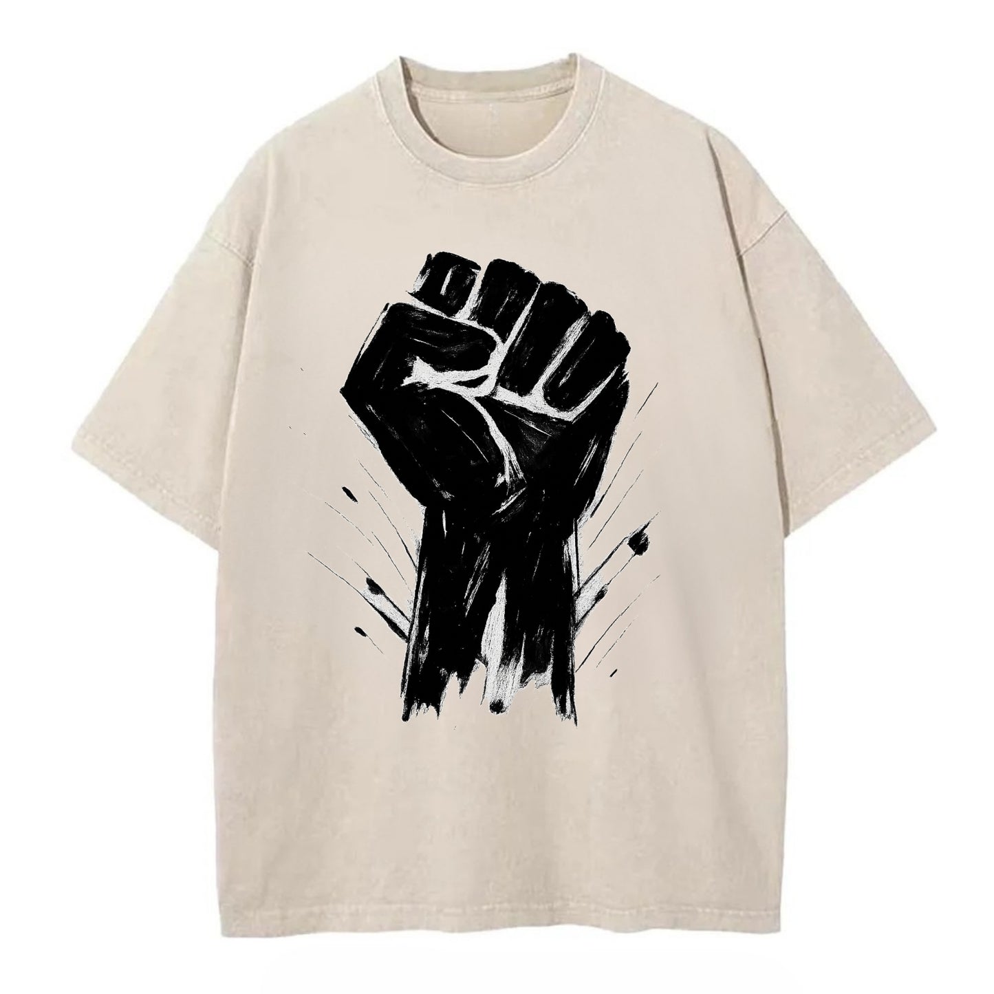 Raised fist in bold black ink brushstrokes - symbol of solidarity and resistance - Vintage T-shirt - Off White