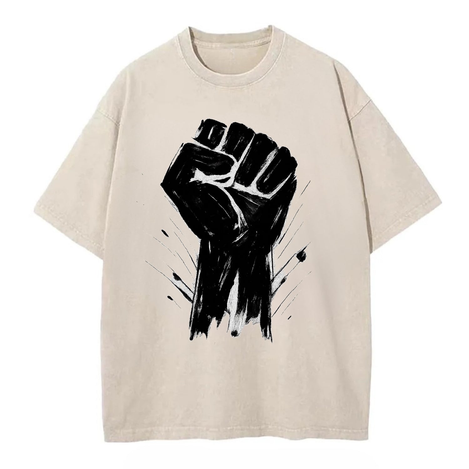 Raised fist in bold black ink brushstrokes - symbol of solidarity and resistance - Vintage T-shirt - Off White