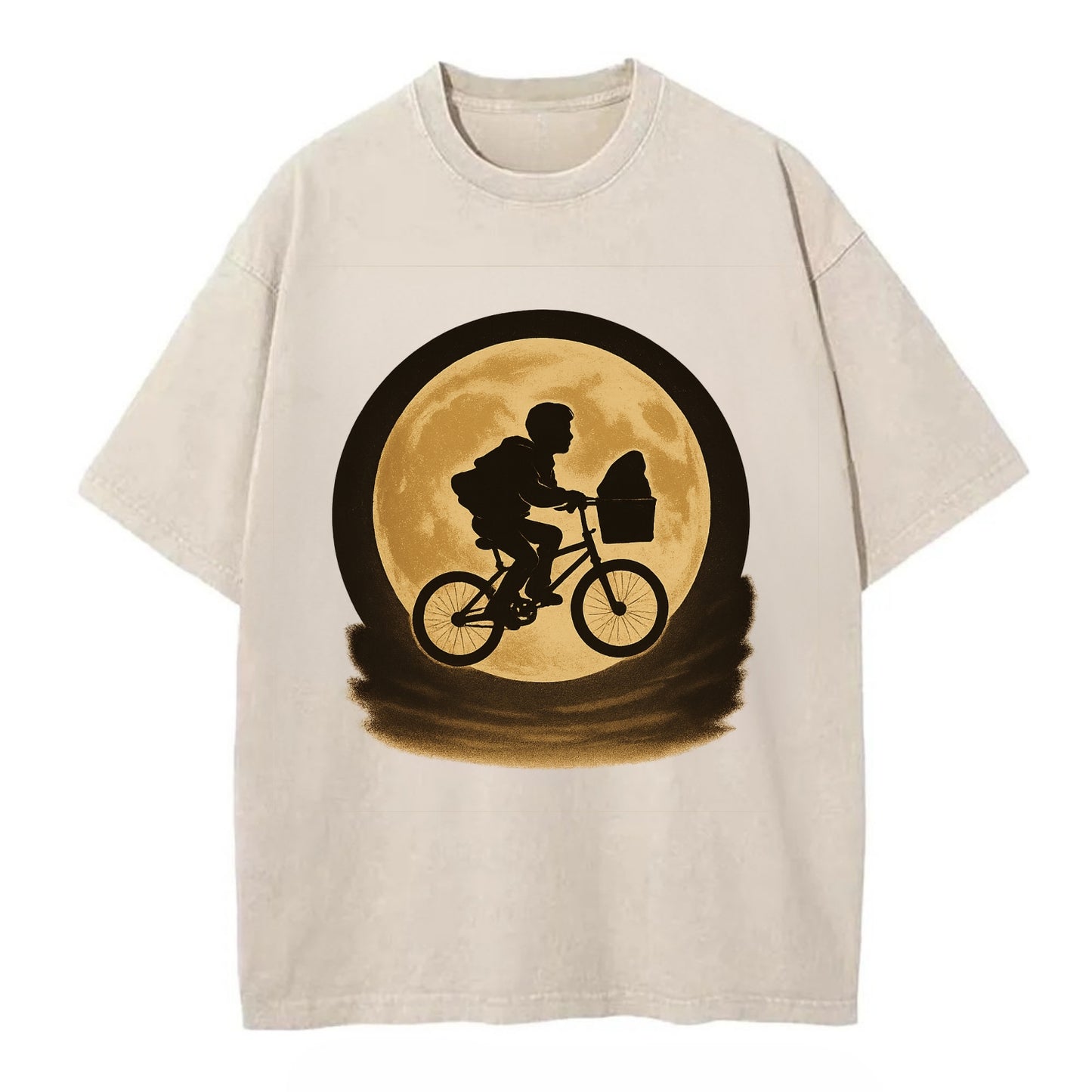 boy with bicycle flying across full moon with silhouette - Vintage T-shirt - Off White