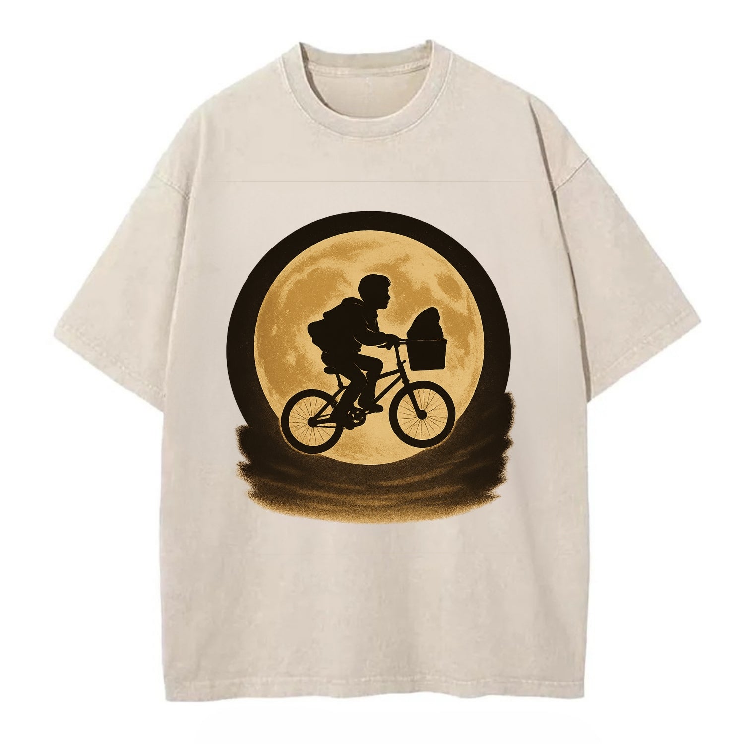 boy with bicycle flying across full moon with silhouette - Vintage T-shirt - Off White