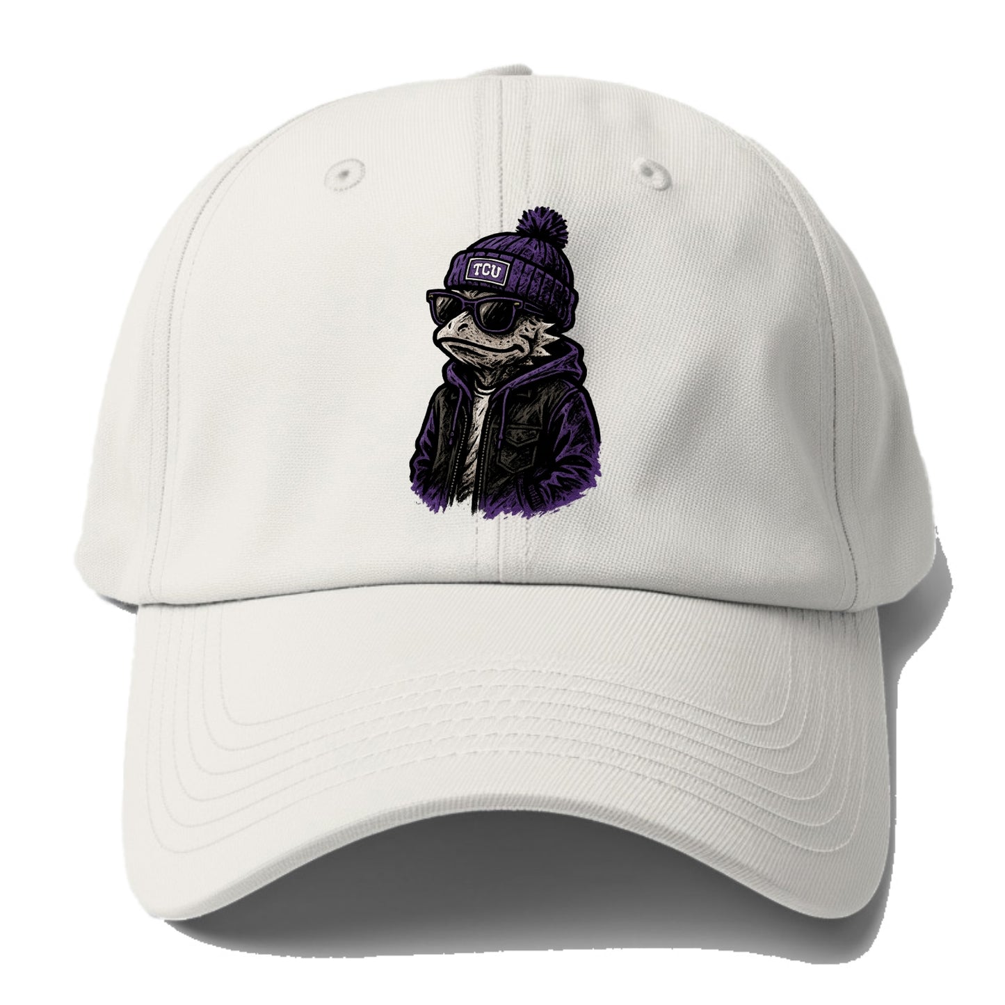 Fort Worth Frog wearing TCU beanie with horned patch - Baseball Cap For Big Heads - Off White