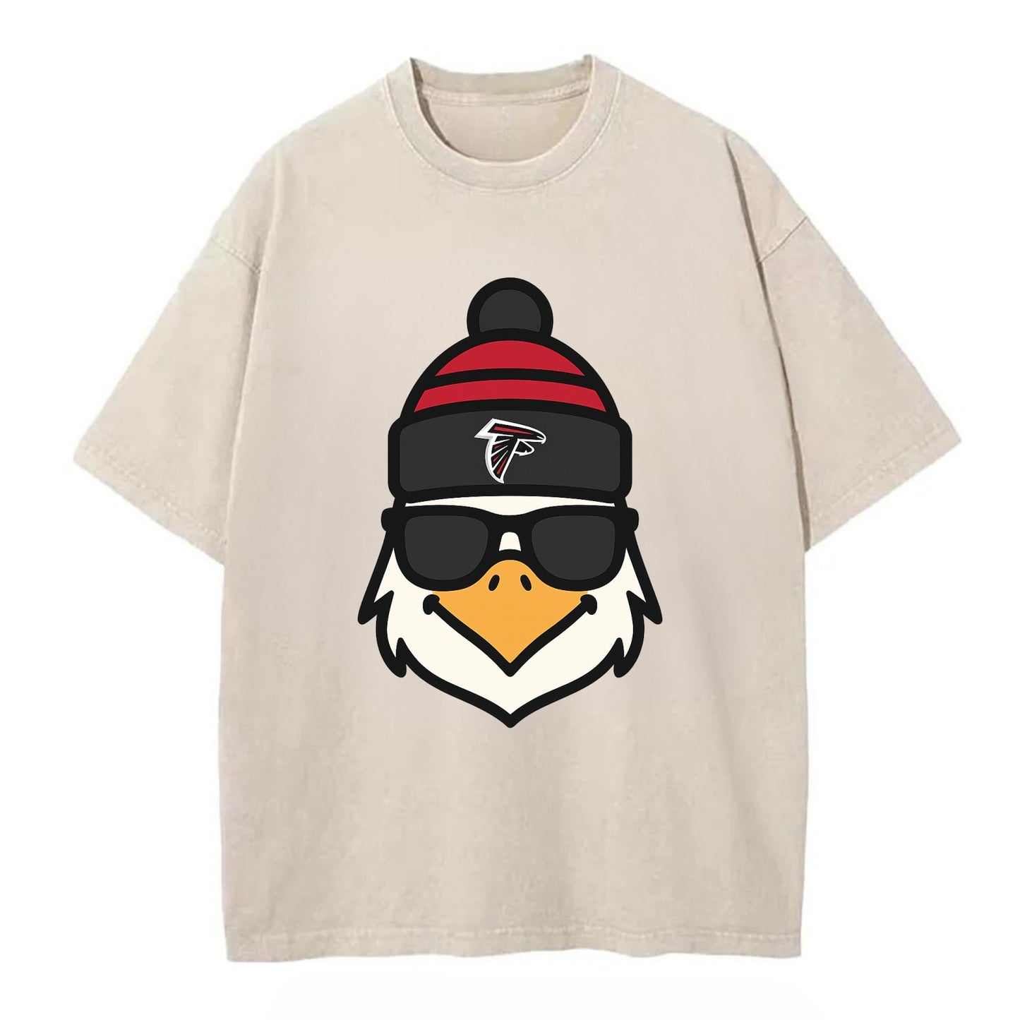 Atlanta Falcon wearing Falcons red and black beanie with pom pom and wayfarer - Vintage T-shirt - Off White