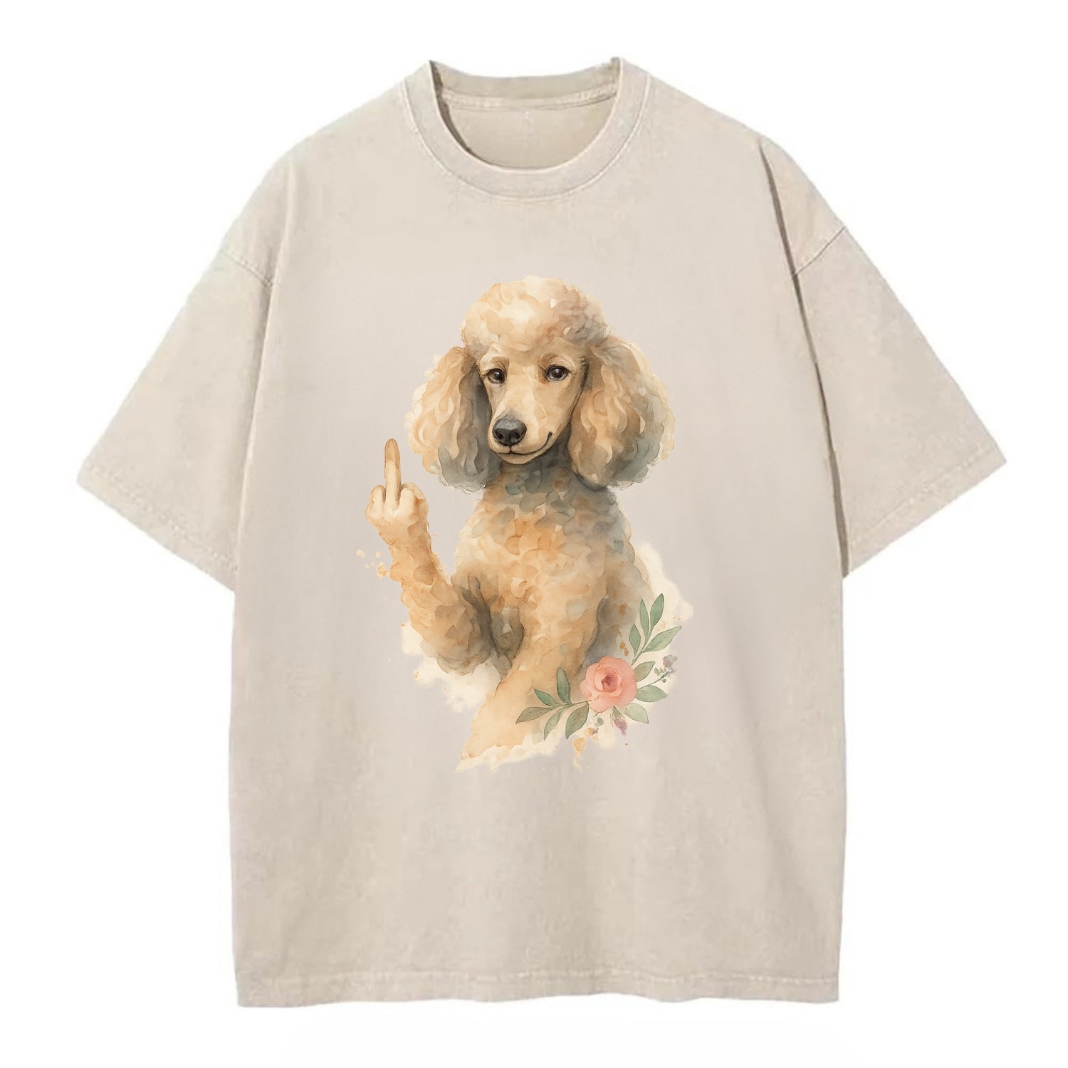 Standard Poodle with curly styled coat, intelligent face, fancy paw giving finger - Vintage T-shirt - Off White