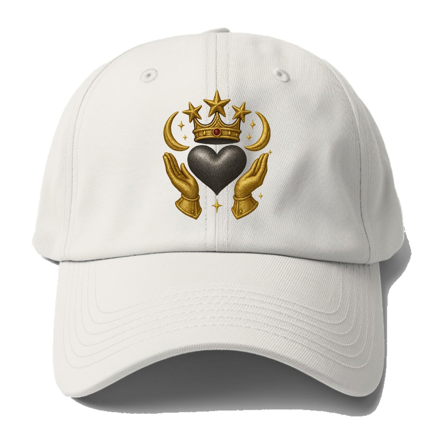 Sun goddess crown radiating golden rays over a midnight heart with - Baseball Cap For Big Heads - Off White