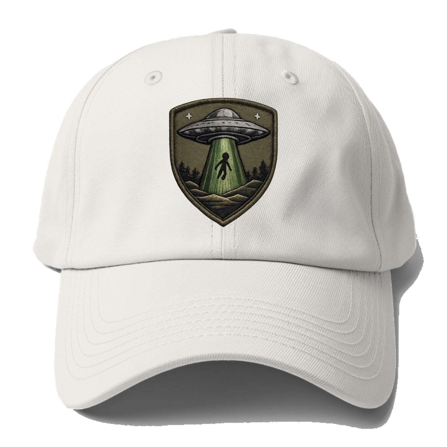 UFO ALIEN - flying saucer with beam in silver and green , extraterrestrial - Baseball Cap - Off White
