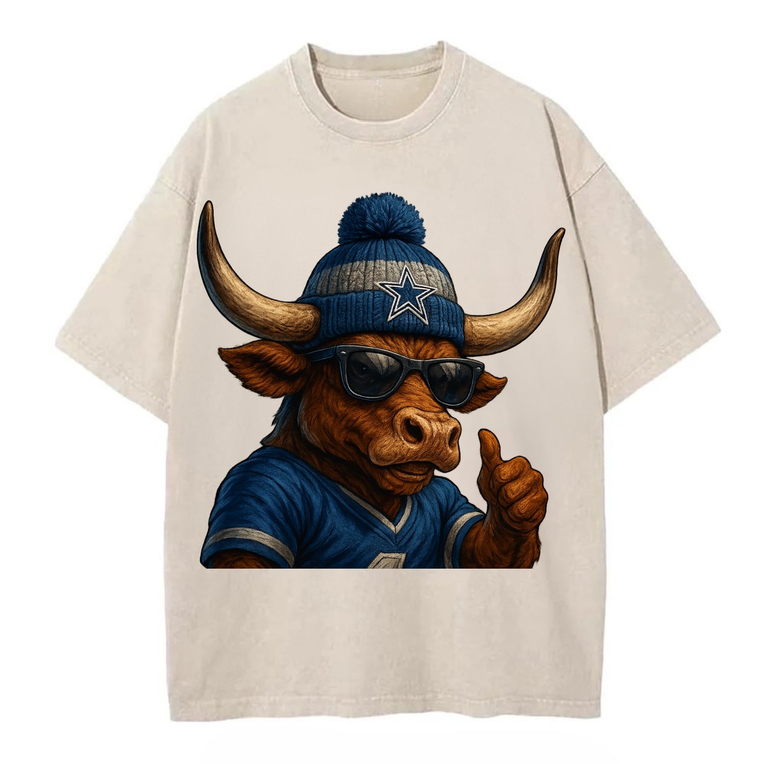 Texas Longhorn wearing Cowboys silver and blue beanie with star and wayfarer - Vintage T-shirt - Off White